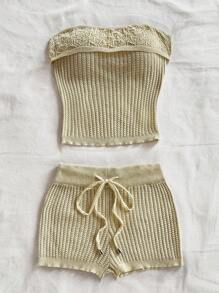 Soleia Conjunto de top corto y shorts ultra-cortos de punto texturizado para mujer, adecuado para fiesta y para usar por capas, atuendo de playa