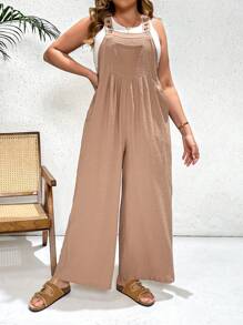 SHEIN Essnce Plus Size Women's Spring And Summer Fashion Casual Loose Comfortable Cool Light Daily Khaki Texture Fabric Overalls,Curve Pants,Western Clothes For Women,Boho Women Clothing,Going Out Outfits,Vacation Outfits Woman,Women Jumpsuit - Khaki - View 6