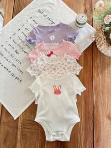 SHEIN LMoss Kids 4件套新生女宝宝夏季可爱兔子碎花针织连体衣 - 彩色 - 查看 5