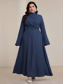 Graceveil 大码女式喇叭袖褶饰阿拉伯风格连衣裙，端庄 - 霧霾藍 - 查看 3
