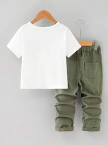 2pcs/Set Young Boy Casual Round Neck Short Sleeve T-Shirt And Distressed Denim Jeans Set - Army Green - View 4