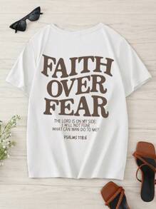 Attitoon Casual Round Neck Retro English Graphic White Short Sleeve Fitted T-Shirt For Women, Summer-Suitable