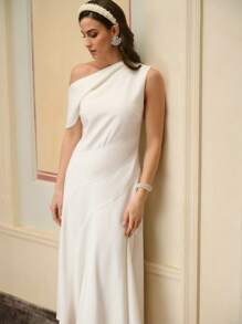 ZEYLAH Women's Solid Color Casual Asymmetrical Neck Elegant Dress - White - View 5