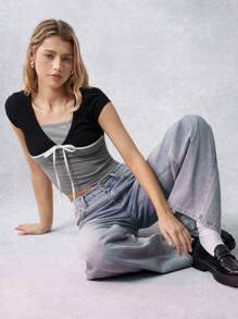 SHEIN EZwear Áo thun bó sát buộc dây phía trước màu tương phản dành cho nữ - Nhiều màu - Xem 6