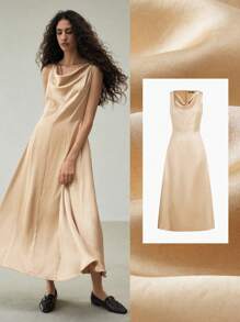 MOTF PREMIUM COWL NECK DRAPED LONG DRESS - Khaki - View 7