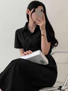 DAZY 休闲系腰长裙，女式纯色连衣裙太阳裙衬衫裙 - 黑色 - 查看 4