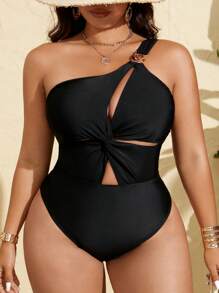 SHEIN Swim Curve Plus Size Women Solid Black Minimalist Elegant Slimming One-Piece Swimsuit & Beachwear For Summer Beach Vacation - Black - View 4