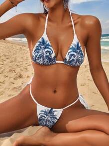 SHEIN Swim Conjunto de bikini de dos piezas con estampado de palmeras, de estilo casual y minimalista, perfecto para el verano y las vacaciones en la playa