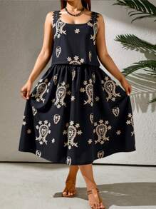 SHEIN Clasi Plus Size Women Floral Print Casual Strap Dress, Vacation Style - Black - View 3
