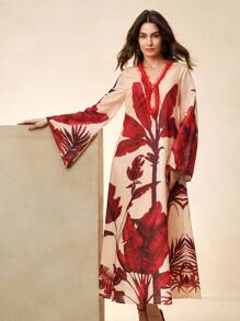 Anewsta Holiday, Casual, Festival, Vacation, Beach Ladies' Spring/Summer New Fashion Coconut Tree Printed Wine Red Holiday V-Neck Long Dress - Red - View 3