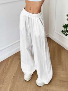 SHEIN EZwear Plus Size Women White Loose Drawstring Waist Wide Leg Baggy Pants,Pockets,Fall,Winter,Back To School,Going Out,Business Casual,Office Outfits,Work,Teacher - White - View 5