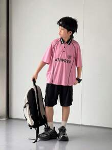Tween Boy Korea Fashion Style Short Sleeve Polo Shirt And Shorts Set, Summer - Dusty Pink - View 5