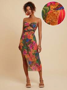 Travachic 女士热带植物印花镂空长款露背连衣裙，度假风格 - 玫紅色 - 查看 1