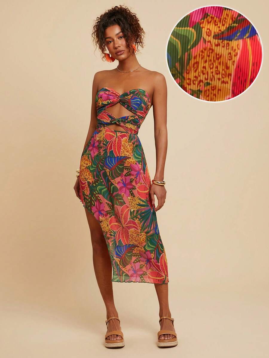 Travachic 女士热带植物印花镂空长款露背连衣裙，度假风格 - 玫紅色 - 查看 1