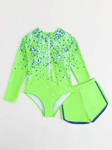 SHEIN 1pc Girls Big Tween Girl One-Piece Swimsuit With Shorts, Color Blocking Design, Pink And Blue Polka Dot Shiny Print, Sweet And Fashionable Minimalist Design, Summer Swimwear