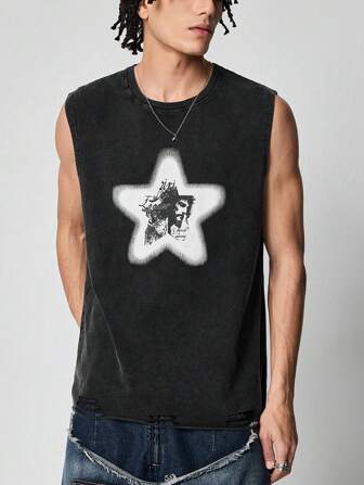 Grunge Punk Men's Grunge Casual Star Print Distressed Tank Top