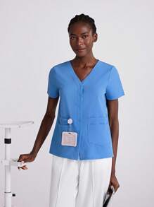 Scrubzie Simple And Fashionable Scrub Uniforms Top, Suitable For Summer Running Nurse & Uniform Scrubs Handwashing Pocketed Breathable Brushed Clothing Set Scrub Stretchable Athletic Workwear With Pockets Scrub Top And Pants Set Women's Scrub Set: Notch V-Neck Tuck In Top & Straight Leg Pants Essential Jogger Scrub Set Nursing Uniform Stretch Top & Drawstring Cargo Pants - Blue - View 7