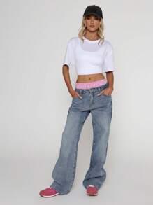 MUSERA Mid Rise Contrast Gingham Waistband Straight Leg Denim Jeans Spring Street Style Cute Summer Chic - Blue - View 1