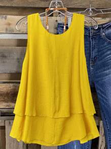 Linhara Plus Size Women's Sweet Retro Ruffled Layered Camisole, Suitable For Beach Vacation, Spring/Summer - Yellow - View 2