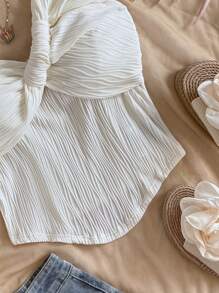 Soleia Blusa de punto de textura ondulada blanca con diseño de lazo retorcido, bajo curvo y ajuste a la figura, adecuada para fiestas, citas, San Valentín, carnaval, Pascua, té de la tarde, playa, cruceros, vacaciones en la ciudad