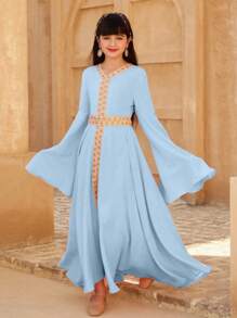 SHEIN 青少年女孩长袖开衩下摆纯色连衣裙，时尚，适合派对、聚会、节日、春夏季 - 淺藍色 - 查看 1