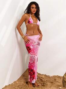 Opulessa 3pcs/Set Women Summer Beach Floral Print Halter Tie Sexy Bikini Set With Cover-Up Skirt,Backless,Beachwear High Waisted,Beach Outfits For Woman,Sexy,Summer Outfits For Women, For Beach Vacation For Summer Beach Vacation,Thong Bikini,High Waisted Bathing Suit,Boho,Vacation,LINEN,Crochet - Pink - View 1