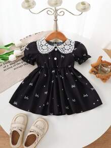 Baby Girl Spring&Summer Elegant Style Lace Decoration Collar Short Sleeves Dress - Black - View 7