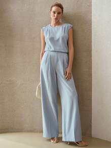 MOTF PREMIUM SOLID BUTTON SHOULDER FOLD PLEATED BLOUSE - Blue - View 2