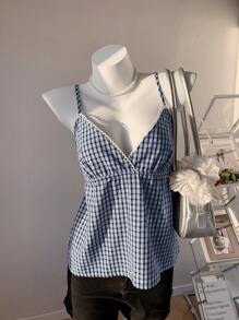 Comfortcana Women's Navy & White Plaid V-Neck Ruffle Camisole - Navy Blue - View 7