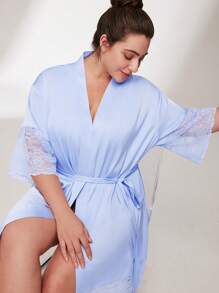 LUVLETTE Plus Silky Satin Luxurious Lace Elegance Trim Tie-Front Bridal Loungewear Airy Pajama Robe Bath Robe Night Gown Women