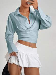 Flirla Camisa suelta con lazo a la cintura y corta para mujer