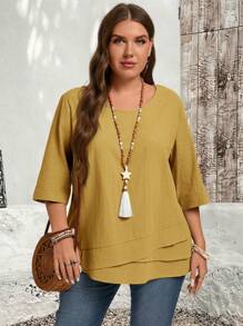 EMERY ROSE Camisa asimétrica verde con estampado de país, ropa de otoño para tallas grandes - Amarillo - Ver 6