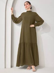 Veilorie Women's Solid Color Stand Collar Long Sleeve Ruffle Hem Elegant Dress Modest Dress - Brown - View 6