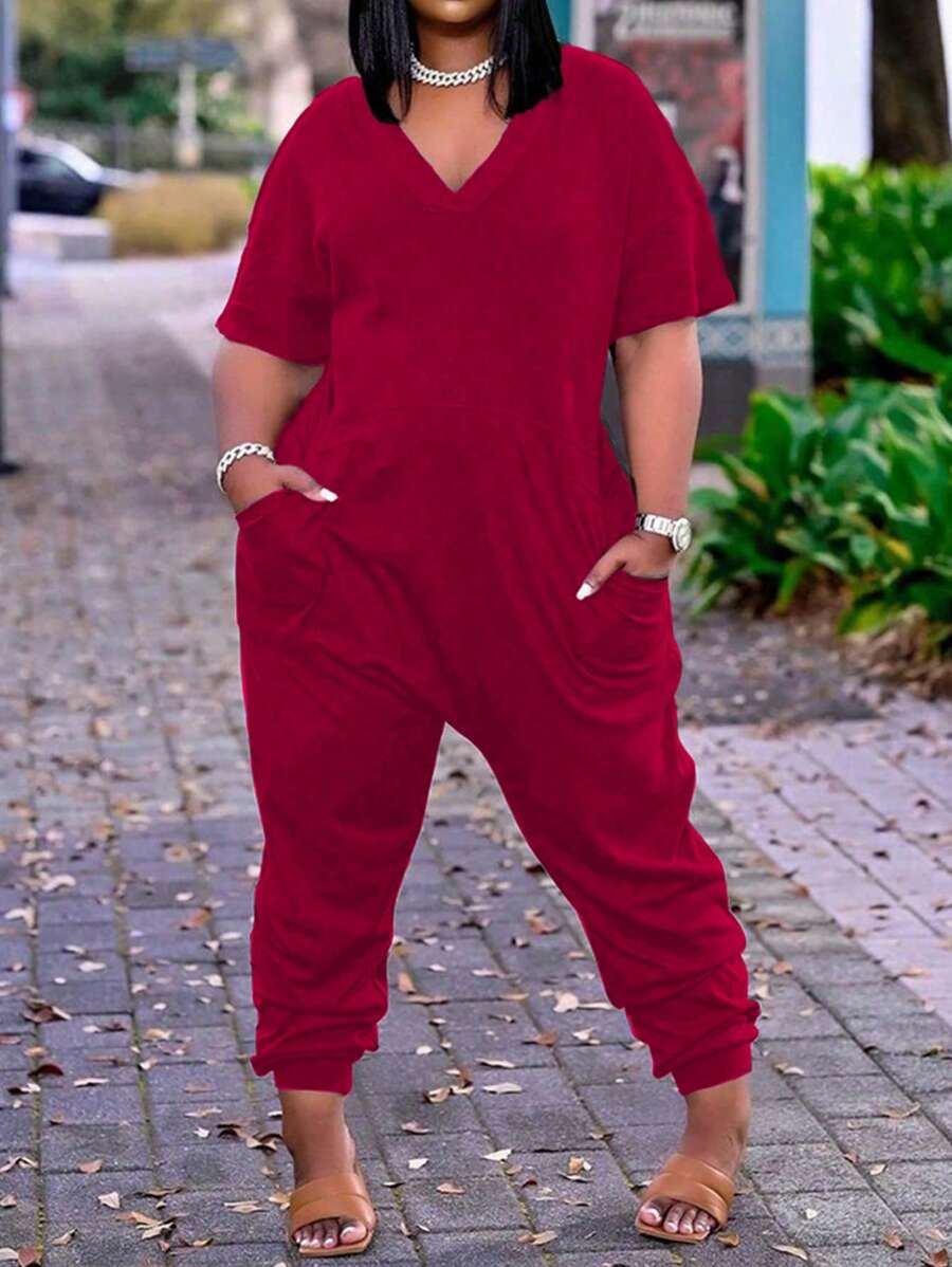 SHEIN Plus Size Casual Solid Color Short Sleeve Jumpsuit - Burgundy - View 1
