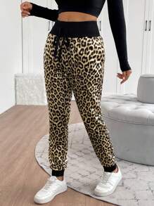 SHEIN LUNE Women's Fashionable Leopard Print Drawstring Sweatpants - White - View 6