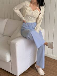 DAZY Set de 3 piezas con top de botones de unicolor, top de tirantes finos y pantalones rectos holgados a rayas para estar en casa, ropa de otoño e invierno, conjunto cómodo - Blanco - Ver 5