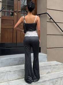 SHEIN EZwear Women's Polka Dot Print Cami Top And Contrast Lace Wide Leg Pants, 2 Pieces Set - Black - View 2