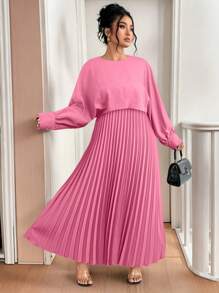 Celure Plus Size Women Elegant 2 In 1 Pleated Hem Long Dress