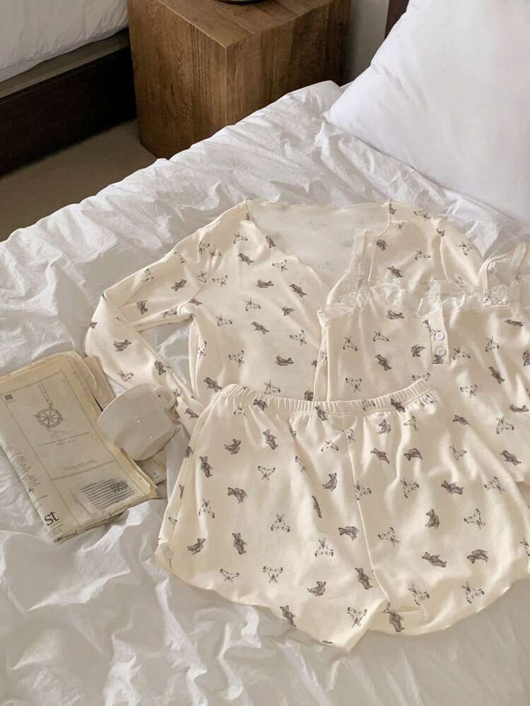 3pcs/Set Women Cute Bear Pattern Allover Print Open Front Top , Cami Top And Shorts Pajama Set, Fall Winter Clothes
