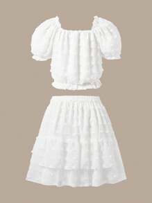SHEIN 2pcs/Set: Teen Girls Fluffy Texture Cropped Top + High Waisted Midi Skirt Suit Elegant For Teen Girl Bridesmaids, Flower Girls, Formal Occasions - White - View 2