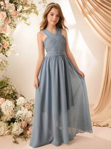 Tween Girls Elegant Bridesmaid Gown, Blue Chiffon Ruffle Splice Spaghetti Strap Open Shoulder Maxi Dress, Sweet Fashion Simple Style For Girl - Light Grey - View 8