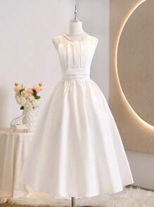 Elegant Sleeveless High Waist Long Solid Color Pleated Slim Fit Dress For Teenage Girls, Wedding Party Flower Girl Gown, White