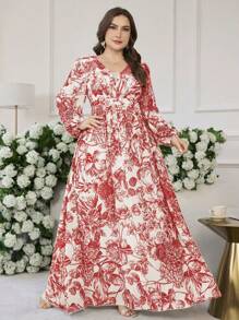 Modelyn Romantic Floral Print V-Neck Long Sleeve A-Line Regular Dress, Spring/Summer - Red - View 3