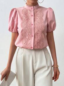 RosyDaze Women's Elegant Solid Color Lace Patchwork Puff Sleeve Stand Collar Open Front Shirt - Pink - View 1