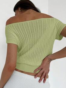 Aloruh Minimalist Elegant Off Shoulder Texture Knitted Fitted Waist Solid Color Women T-Shirt,Off The Shoulder Sweater - Mint Green - View 5