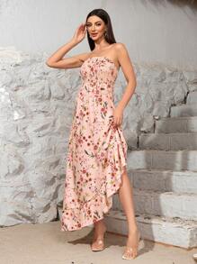 Women's Floral Print Dress With Flounce Hem, Sweet And Romantic Beach Vacation Dress (Family Matching Outfits, 2 Pieces Sold Separately)