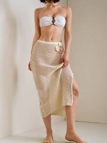 SHEIN Swim 夏季手工钩编花卉罩衫连衣裙，休闲简约性感比基尼裙 - 杏色 - 查看 1