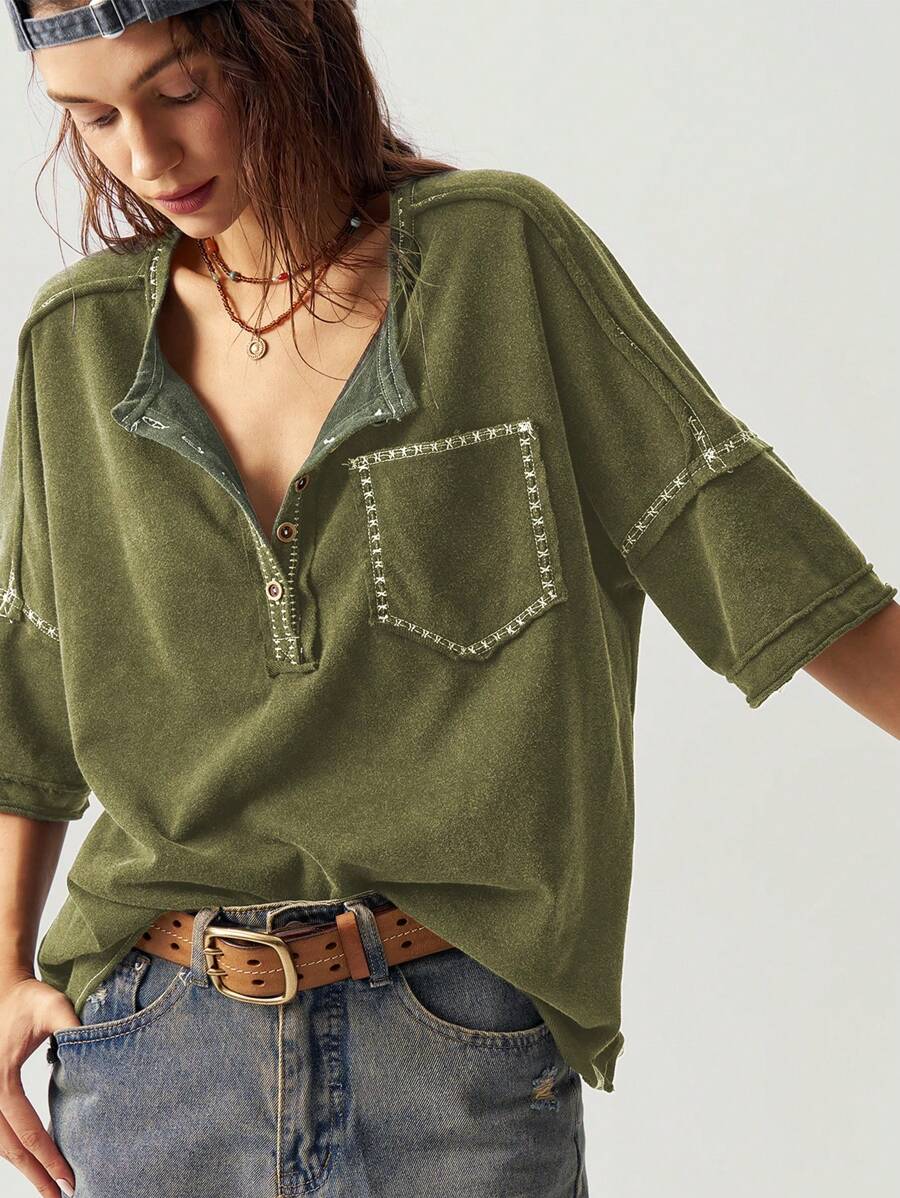 Bohemela 女士休闲纯色针织半开领圆领短袖宽松T恤