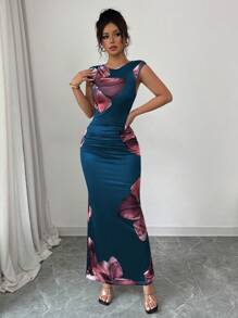 Elenzga Vacation Crew Neck Sleeveless Large Floral Print Simple Elegant Women's Dress - Blue - View 5