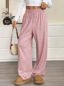SHEIN EZwear 女士纯色抽绳腰阔腿宽松休闲运动裤 - 粉色 - 查看 5